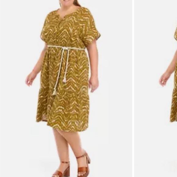 Wonderly Button Front Waist Tie Plus Size Short Sleeve Gauze Midi Dress - Picture 1 of 12